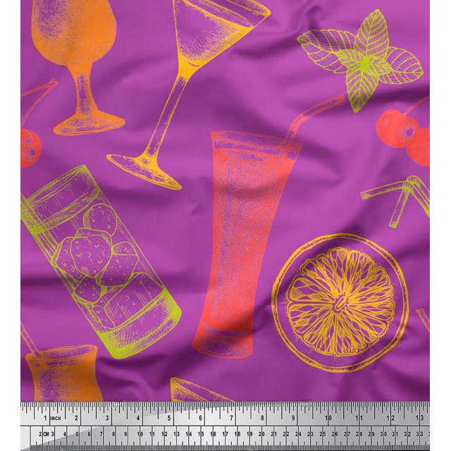 Soimoi Purple Moss Georgette Fabric Lemon Slice & Soft Drinks Summer Designs Print Fabric by Yard 42 Inch Wide
