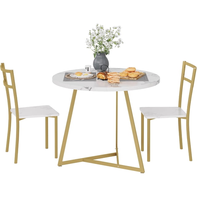 Amenitlif Dining Table Set for 2, Round Kitchen Table and Chairs for 2, Modern Dining Room Table Set with 2 Metal and Wood Chairs, Kitchen Table Set for Small Space, Apartment