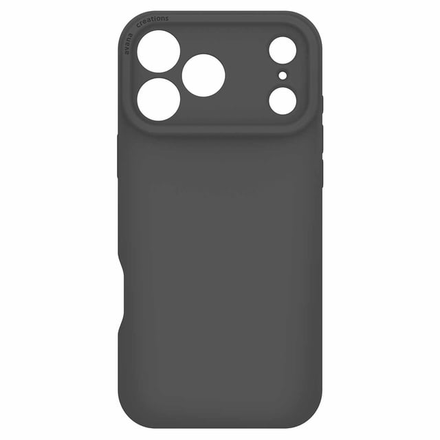 Avana Velvet MagSafe Case Ash for iPhone 17 Pro Max in a centered back view with soft-touch ash silicone, raised metal camera bay, strap slot for charms or lanyards, strong MagSafe magnets, and microfiber lining. It provides 10 ft drop protection and is made with eco-friendly materials.