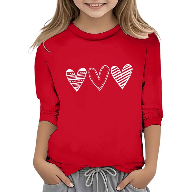 PMVFHDE Hauts d'Été pour Fille T-Shirts pour Fille Hauts d'Été Graphiques Hauts Tendance pour Fille T-Shirt Robe pour Fille Imprimé de la Saint-Valentin pour Fille Col Rond Fonctionnel T-Shirt Manches 3/4 Rouge, 9-10 Ans