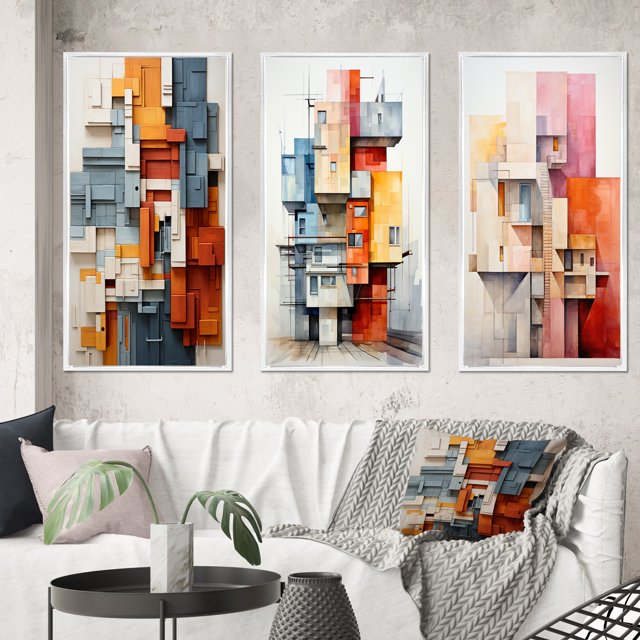 Designart "Constructed Horizons in Constructivism II" Abstract Framed Wall Art Set Of 3 - Orange Constructivism Frame Canvas Set For Living Room Decor