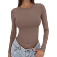 thumbnail image 1 of ManxiVoo Chandail pour Femme à Manches Longues, Col Rond, Coupe Ajustée, Vêtement de Base pour l'Extérieur, Haut de Sport, Confort Extensible, Ajustement Flexible, Taille TP, Café, 1 of 6