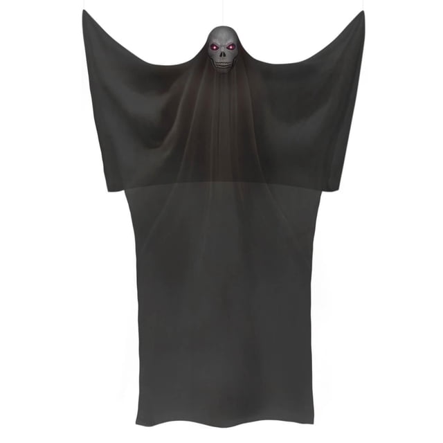 Occasions Halloween 7 Foot Hanging Reaper with Light-Up Eyes featuring a full-length black cloak with wide sleeves and hood, designed as a spooky Halloween décor piece suitable for indoor or outdoor use.