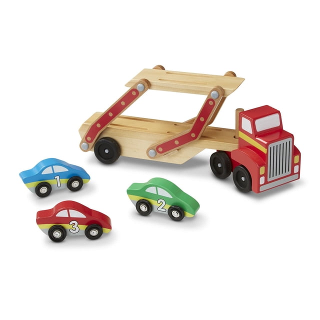 Melissa & Doug En Route vers le Speedway Transporteur de Voitures de Course en Bois Présente un jumbo Deux Pièces Rabattable Transporteur en Bois avec accents Rouges et Roues Noires, Accompagné de Trois Voitures de Course en Bois Numérotées en Bleu, Vert et Rouge, Favorisant le Développement des Habiletés Motrices et le Développement Cognitif par le Jeu.
