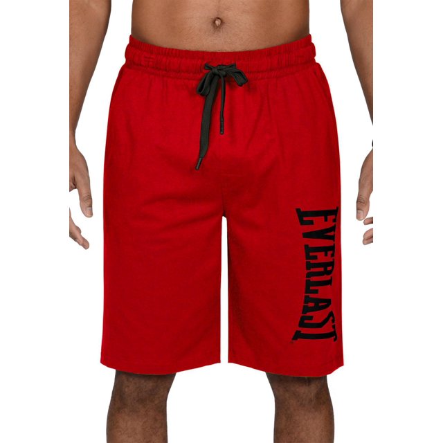 Everlast Loungewear Shorts in red 100% cotton with a relaxed fit, elastic waistband, and black adjustable drawstring, featuring the black Everlast logo vertically on the left leg, breathable and comfortable for lounging, sleeping, or casual wear.