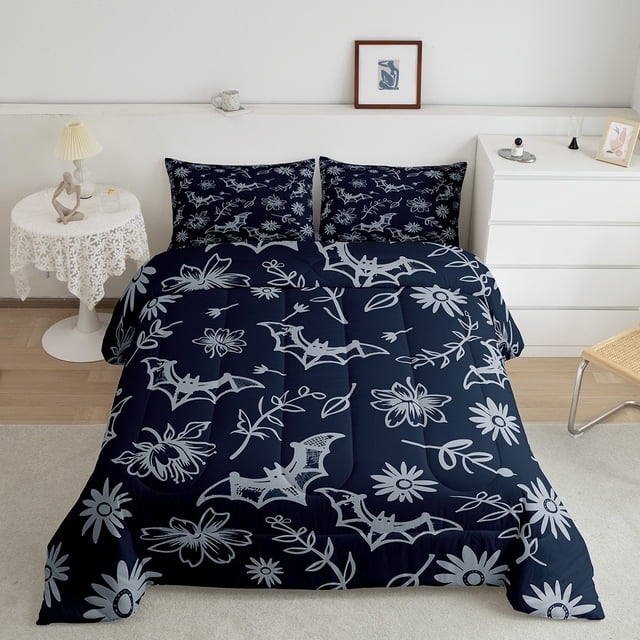 Erosebridal Rustic Flower Bedding Full Comforter Set, Kawaii Bat Down Comforter, Happy Halloween Decor, Breathable 3 Pieces