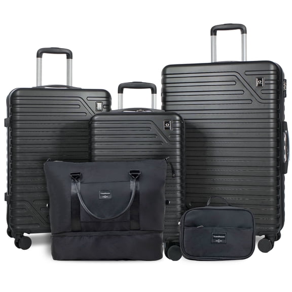 Travelhouse Ensemble de 5 Pcs de Valises Rigides à Roulettes, Valise Légère avec Cadenas TSA et Sac de Sport, Noir