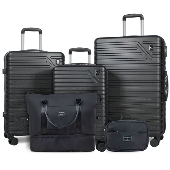 Travelhouse Ensemble de 5 Pcs de Valises Rigides à Roulettes, Valise Légère avec Cadenas TSA et Sac de Sport, Noir