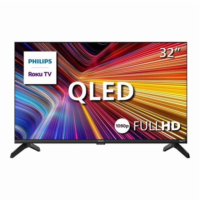 Restored Philips 32-inch Full HD QLED Smart TV, model 32PFL7975/F6, shown in an open box condition. The TV features a vibrant QLED display with 1920 × 1080 resolution, HDR support, and a slim bezel design. Powered by Google TV, it offers access to streaming apps like Netflix and YouTube, voice control, and personalized recommendations. Connectivity options include HDMI, USB, Wi-Fi, and Bluetooth. The screen displays a colorful, dynamic pattern highlighting its QLED technology.