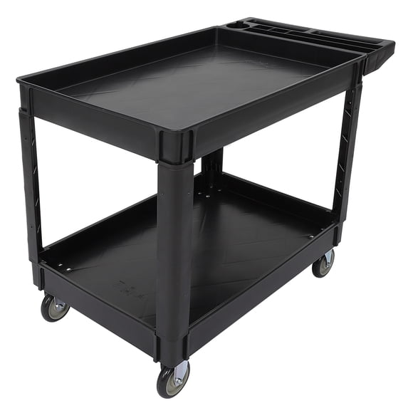 Heavy Duty 2-Shelf Office Utility Cart – 500lbs Capacity, Large Rolling Service Trolley with Storage Handle, 360° Swivel Wheels – Ideal for Warehouse, Garage, Cleaning, Manufacturing, Office, Black