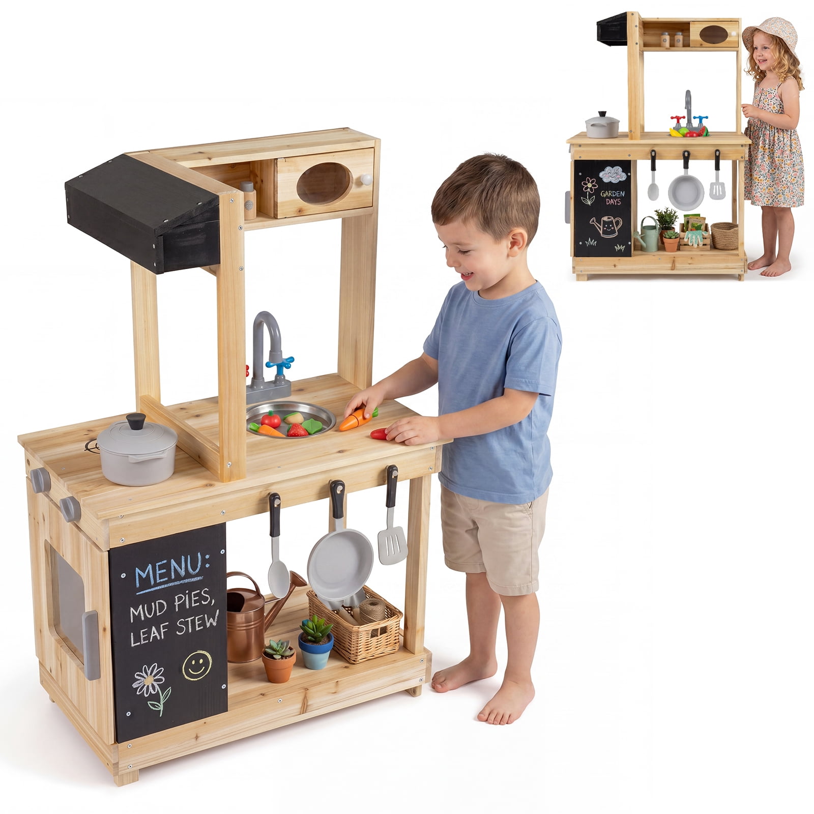 Gymax Outdoor Mud Kitchen for Kids Wooden Play Pretend Kitchen w/Stoves Sink Faucet