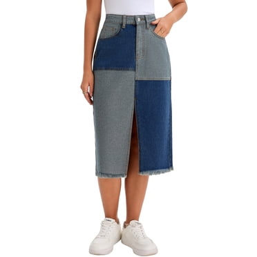 INSPIRE CHIC Jupe en Jean pour Femme à Blocs de Couleur Patchwork Ourlet Brut Fendue Midi Jupes en Denim S Bleu