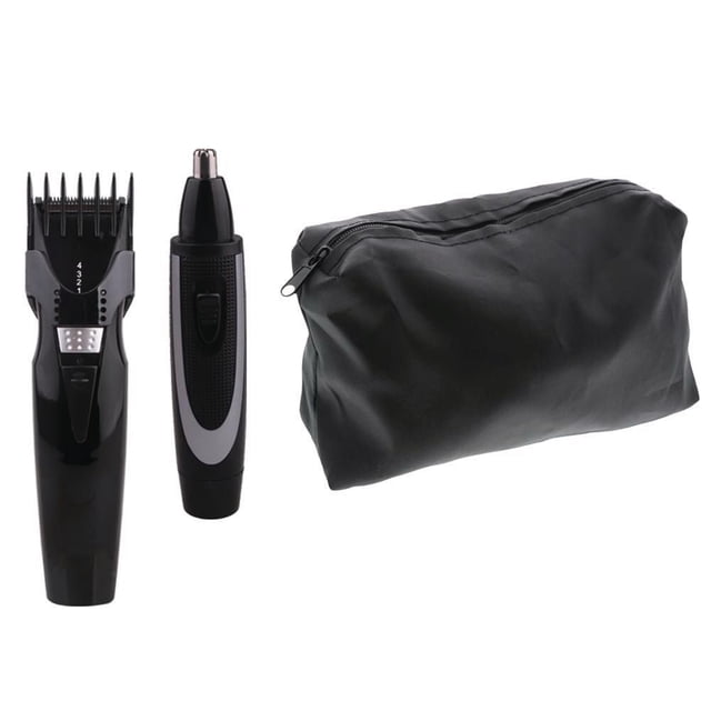 Barbasol 5 Piece Men’s Grooming Set with a black body and beard trimmer adjustable from 3/16” to 9/16”, a black and gray ear and nose trimmer, and a black zippered travel bag, ideal for detailed grooming at home or travel.