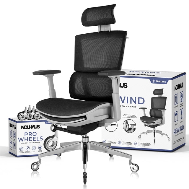 Nouhaus Rewind chaise de bureau ergonomique avec repose-pieds et support Lombar. Chaise d'ordinateur pivotante, Chaises de bureau à roulettes avec roues, Chaise de travail Mesh High Back, Chaise confortable de bureau (noir)