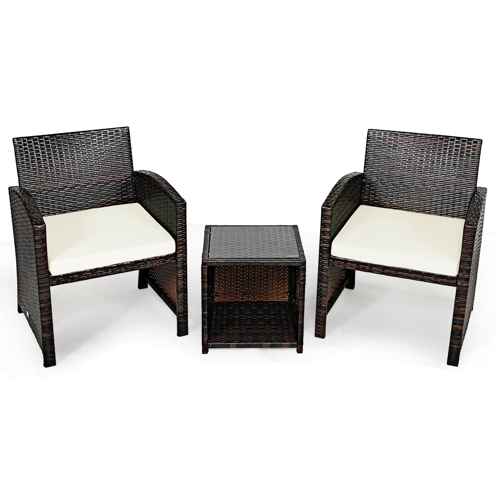 Gymax Ensemble de Conversation pour Patio en Rotin 3 Pcs Cour Extérieur avec Coussins Blancs