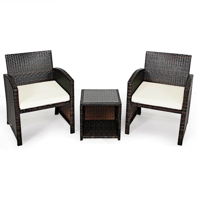 Gymax Ensemble de Conversation pour Patio en Rotin 3 Pcs Cour Extérieur avec Coussins Blancs