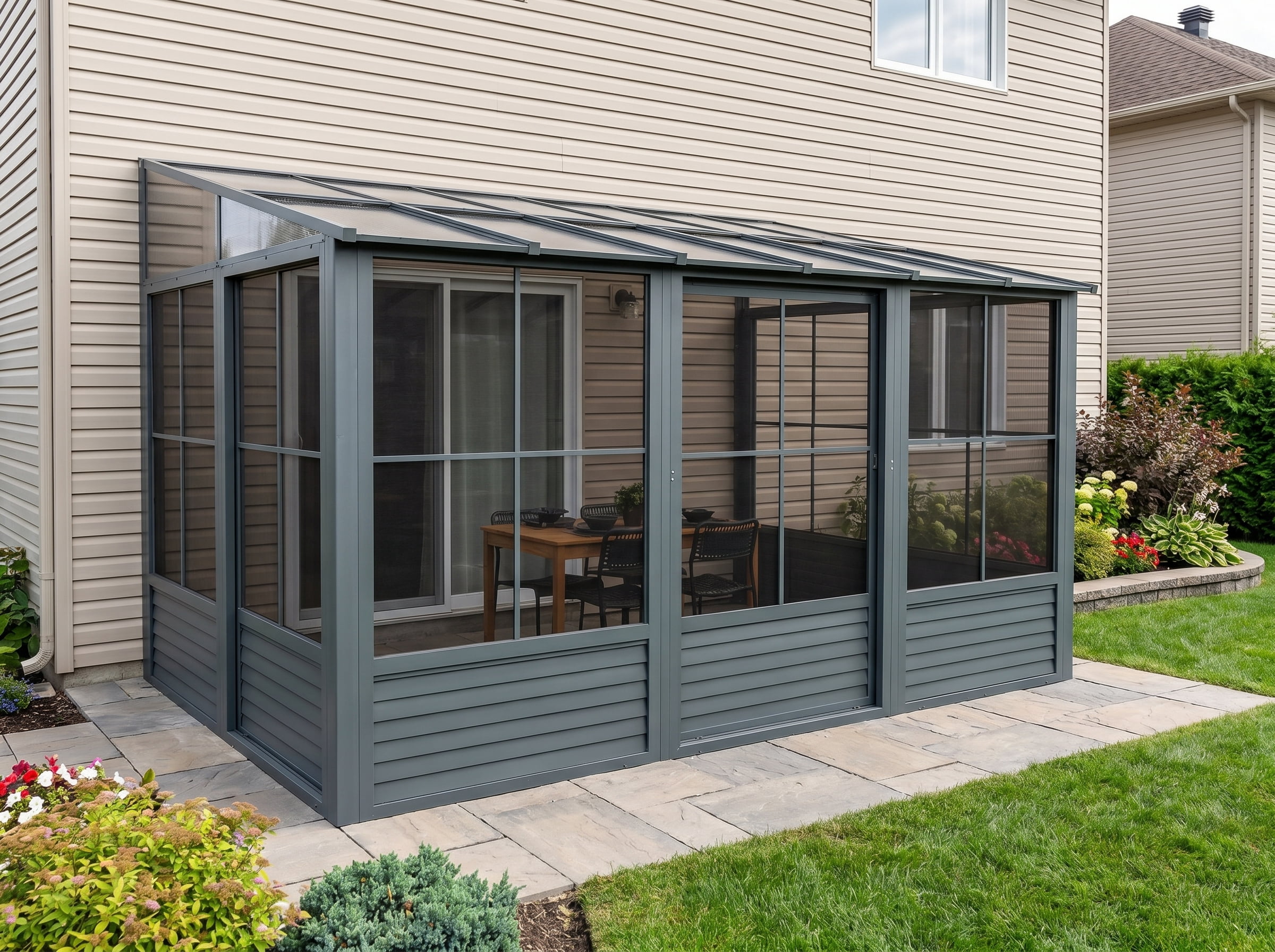 Gazebo Penguin Florence 8 ft x 12 ft Polycarbonate Roof Wall Mounted Solarium - Slate