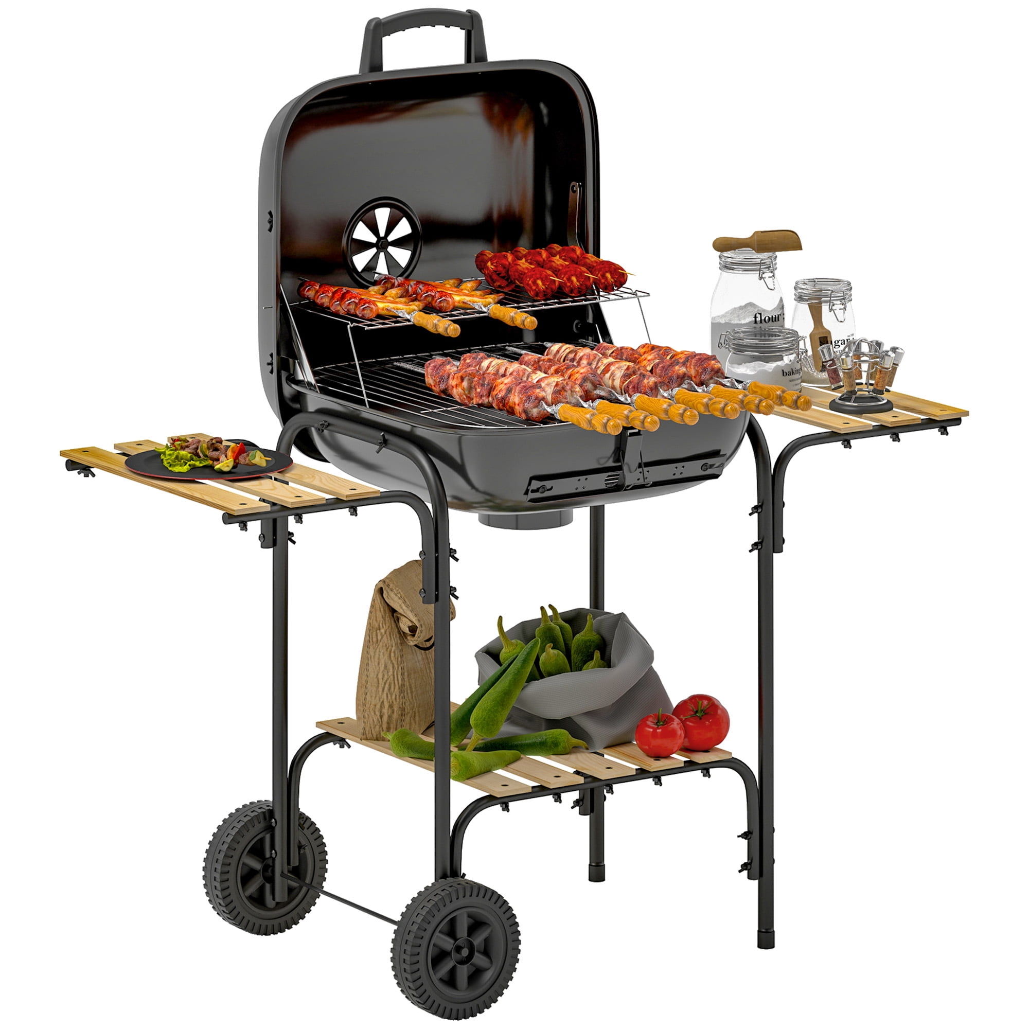 Outsunny Charcoal BBQ Grill, Portable BBQ Grill with 3 Shelves