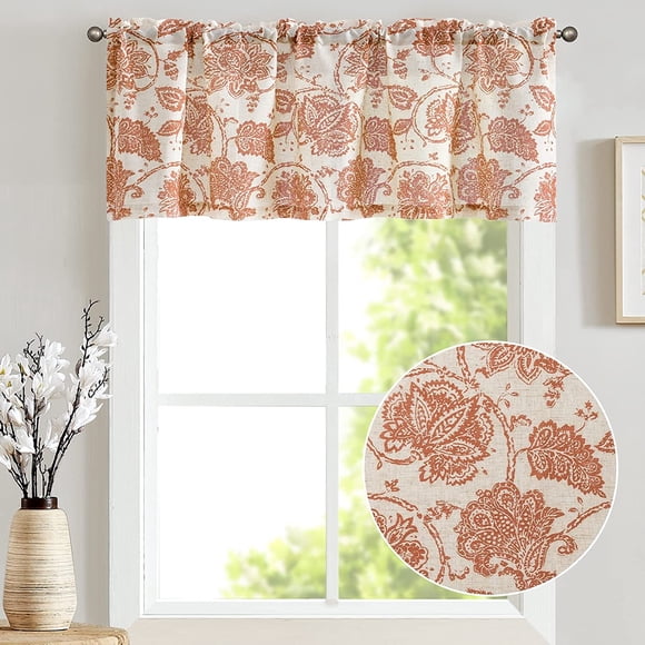 Curtainking Farmhouse Kitchen Valance W50 x L18 Linen Textured Floral Printed Small Window Curtain Jacobean 1 Panel Rod Pocket Terra Red on Beige