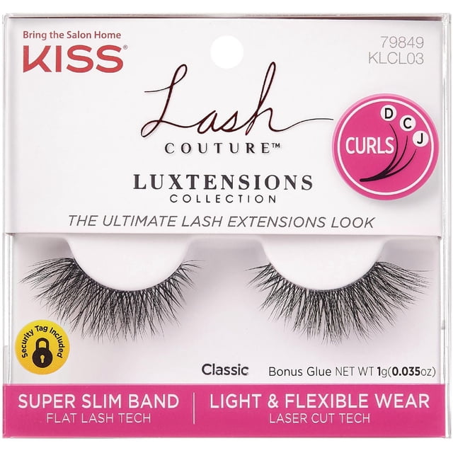 Kiss Lash Couture LuXtensions - Bande 03 Faux Cils avec une Bande de Cils Plate super Mince Comprenant des Boucles D, C et J pour un Style d'Extension de Cils Naturel, ultra Légère et flexible pour un Port Confortable, Utilisant la Technologie de Découpe au laser, en Emballage Blanc et Rose.