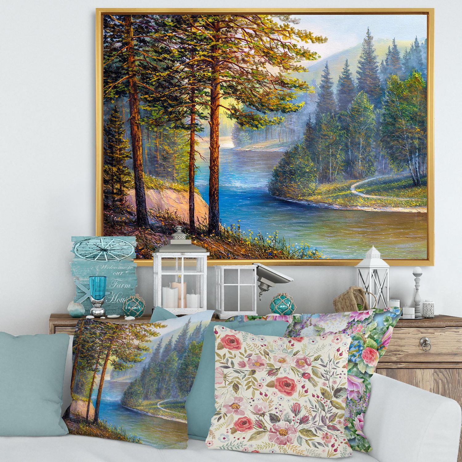 Designart Lumière du soleil du matin à travers la forêt de pins et de sapins ART MURAL À CADRE FLOTTÉ