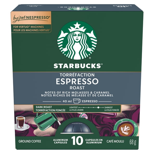 Starbucks Torréfaction Espresso pour machines Nespresso Vertuo Boîte avec 10 capsules en Aluminium de Café Moulu Torréfaction Foncée, 68 g, Présentant de Riches notes de Mélasse et de caramel, Conçue pour des Portions d'Espresso de 40 ml, avec logo Starbucks sur l'Emballage Vert et Gris.