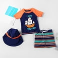 thumbnail image 2 of PMVFHDE Toddler Boys' 3-Piece Swimsuit Set - Short Sleeve Rash Guard + Elastic Waist Trunks & Swim Cap, Quick-Dry Breathable Sun Protection for Beach/Pool Orange-B,12-24 Months, 2 of 7