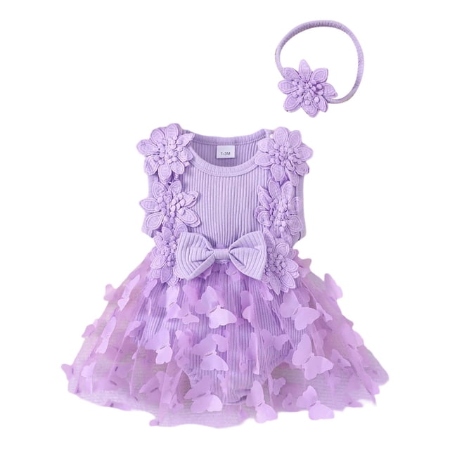 GPOECD Baby Girls Ribbed Bowknot Romper Headband Set Sleeveless Summer Baby Outfit with Breathable Design Sleeveless Rompers for Babies 1-18 Months Purple-d,9-12 Months