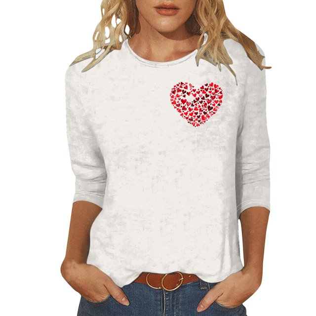 Penkiiy Chemises de la Saint-Valentin pour Femmes Décontractées Manches 3/4 Col Rond Blouses Imprimé Mignon Tuniques Tops 2025 3TG Multicolore