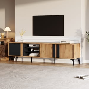 TV Stand, Entertainment cabinet with 3 closed doors & triple open shelves, wood grain surface, accommodates up to 65-inch home TV,64.9×15.7×19.6 Inches