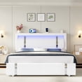 thumbnail image 3 of Homfa King Bed Frame with LED Headboard & Charge Station & 2 Storage Drawers, PU Leather Upholstery Adjustable Platform Bed Frame, White, 3 of 7