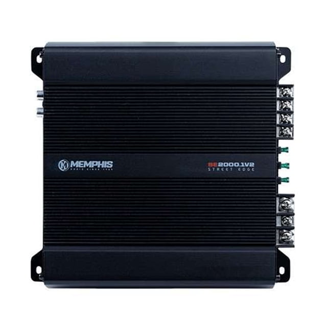 Memphis Audio SE2000.1V2 Amplificateur de Voiture Mono de la Série Street Edge 2000 W RMS avec une Finition Noire Élégante, Mettant en Vedette le logo Memphis Audio et la Marque Street Edge. Conçu pour la Livraison de Puissance du Caisson de Basses, Il Comprend des Bornes de Connexion sur le Côté Droit pour une installation Efficace.