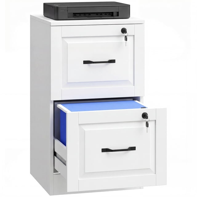 HOMCOM 2 Drawer File Cabinet with Lock, Vertical Filing Cabinet, White