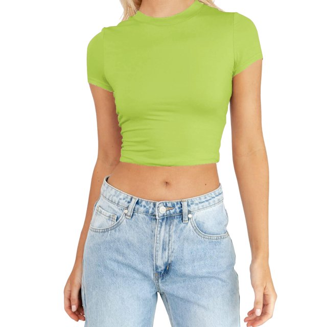 JIRNDf Hauts pour Femmes T-Shirts d'Été Tendance Mode Manches Courtes Mignon Court Basique Col Rond Coupe Ajustée Blouse pour Femmes Tunique Décontractée Hauts Vert Menthe P