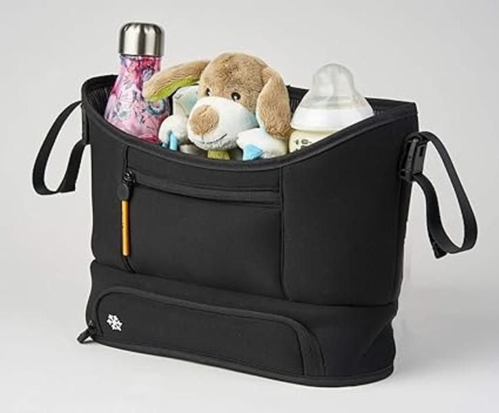 Bababing Stroller Caddy Organizer - Black - Compatible with All Strollers - Quick Attach with Adjustable Clips - Holds 2 Bottles, Large Central Pouch for Snacks, Phones, Essentials - Secure Zip Pocket