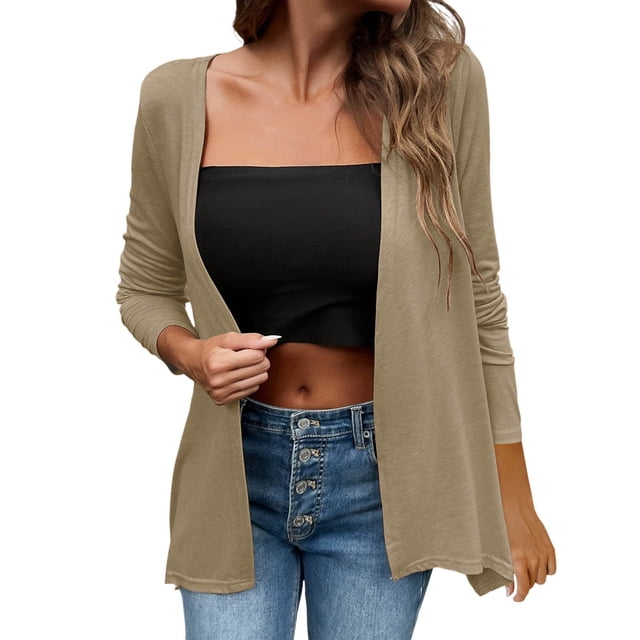 Cardigans Ouverts pour Femmes Légers à Manches Longues, Cardigan Décontracté Mince d'Automne, Ample, Drapé et Fluide, Beige, TG