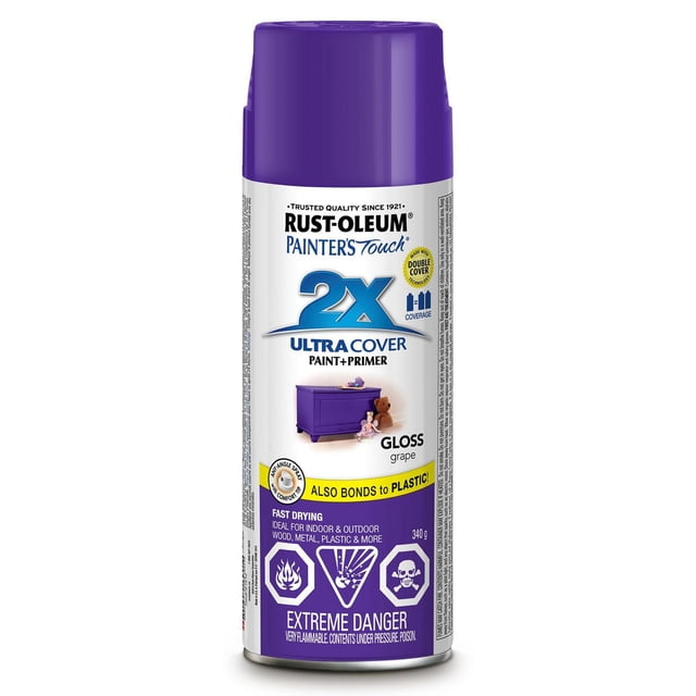 Rust-Oleum Painter's Touch Ultra Cover 2x Gloss Grape spray paint can with purple cap, featuring double cover technology, fast drying formula, and comfort spray tip for smooth, durable finish on wood, metal, plastic, and more, suitable for indoor and outdoor use.