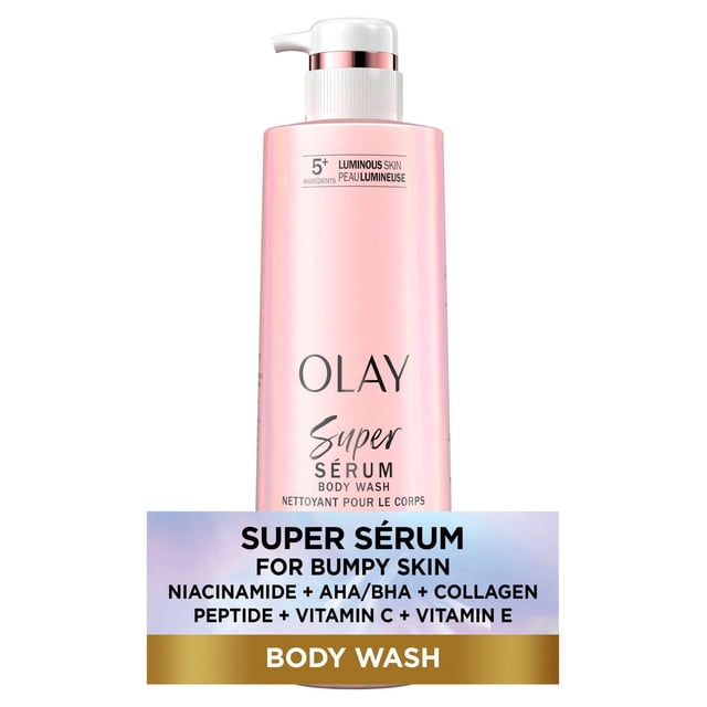 Olay Super Serum Body Wash for Rough & Bumpy Skin in a pink pump bottle featuring a serum complex with niacinamide, AHA/BHA, collagen peptide, vitamin C, and vitamin E, designed to hydrate, firm, smooth, brighten, and even skin for luminous results in daily bath care.
