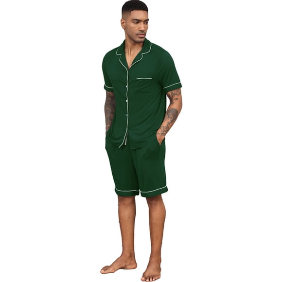 FhsagQ Pajamas Mens Pajamas Sleepwear Comfortsoft Men's Sleepwear Soft Smooth Short Sleeve Short Pant Sleepwear Man with Pockets Two Piece Pajamas Mens Pajamas Sleepwear Super Fit Black Green XXL