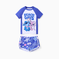 thumbnail image 1 of Disney Stitch Kid Girl 2pcs Character Tropical Floral Colorblock Print Short-sleeve Tops and Trunks UPF 50+ Swimsuit Set, 1 of 8