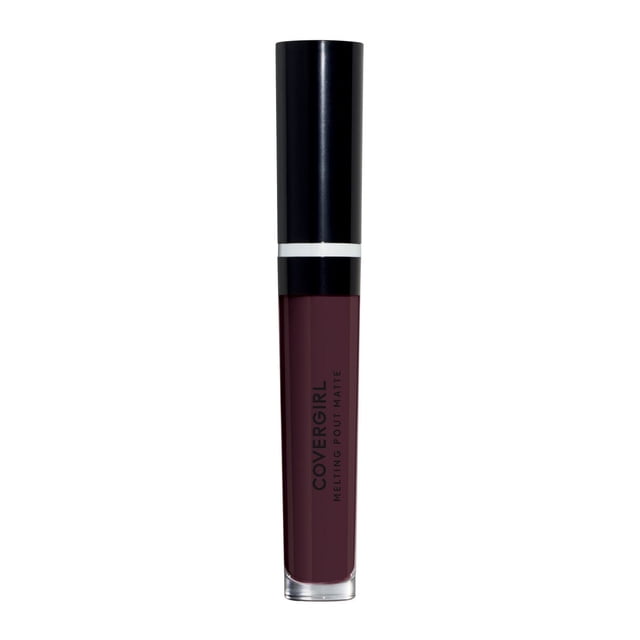 COVERGIRL Melting Pout Matte Liquid Lipstick in deep plum shade, presented in a slim cylindrical tube with a black cap and transparent base, featuring a longwear, high-pigment matte formula that glides on smoothly and is kiss-proof.