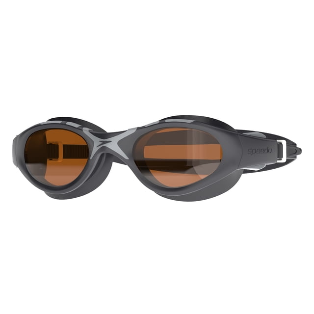 Speedo Navagio Adult Swim Goggle in matte black with brown tinted lenses, featuring a uni-body co-molded frame and toggle adjust split strap for quick fit adjustment, offering a wide field of vision and comfort ideal for lap swimming and fitness workouts.