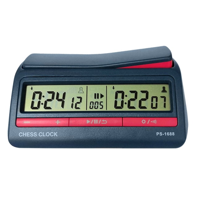 Eccomum Chess Clock, a digital timer designed for chess, Go, and other board games. It features dual displays, a multicolour design, and a large seesaw button for quick operation. Functions include countdown, positive timing, delay, and adjustable timing parameters for each side. Compact size of 161 x 100 x 62mm, powered by 2 AA batteries, ideal for precise game timing.