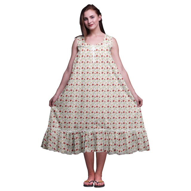 Bimba White38 Feuilles Florales et Dahlia Nuisette Sans Manches pour Femmes Coton Imprimé Vêtement de Nuit pour Dames Tenue de Sommeil Très Grand