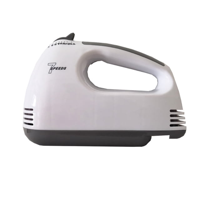 VogueV 7-Speed Electric Hand Mixer, 250W Power with UK Plug for Baking in white, featuring a compact design with a sleek plastic body, ergonomic handle, and side ventilation. Includes stainless steel and ABS material construction, dough hooks, and auxiliary accessories for versatile mixing tasks. Suitable for whipping cream or preparing batter for cakes and pastries.