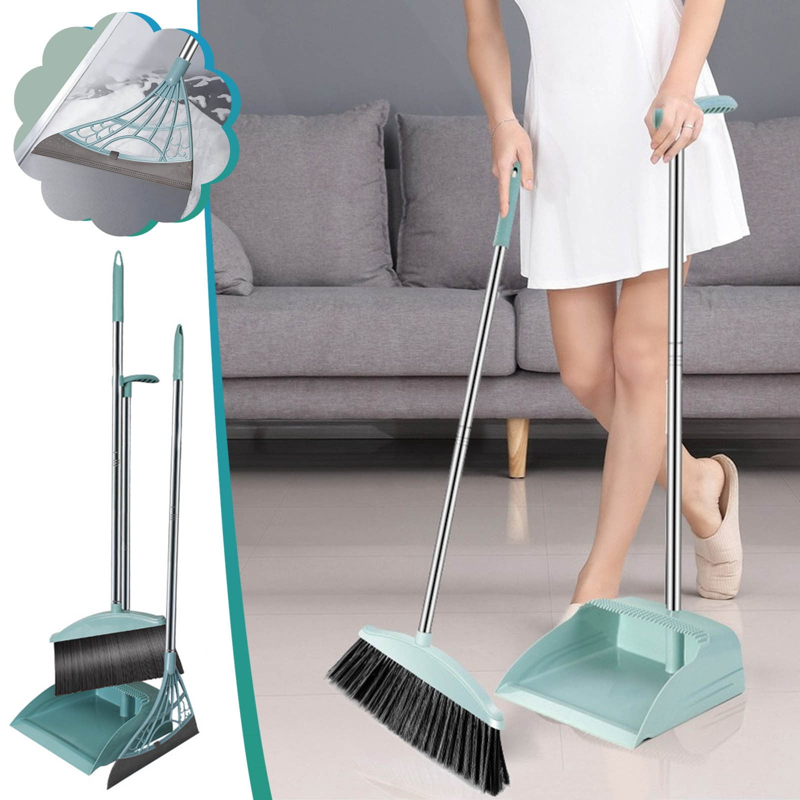 Bilqis Long Handle Broom and Dustpan Set with 39.5" Squeegee Broom, Upright Standing Lobby Broom and Dust Pan and Rubber Broom, Indoor Broom with Dustpan Set for Home Kitchen Room Office Floor