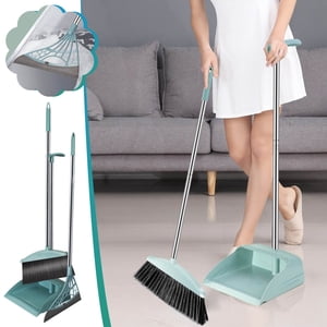 Bilqis Long Handle Broom and Dustpan Set with 39.5" Squeegee Broom, Upright Standing Lobby Broom and Dust Pan and Rubber Broom, Indoor Broom with Dustpan Set for Home Kitchen Room Office Floor