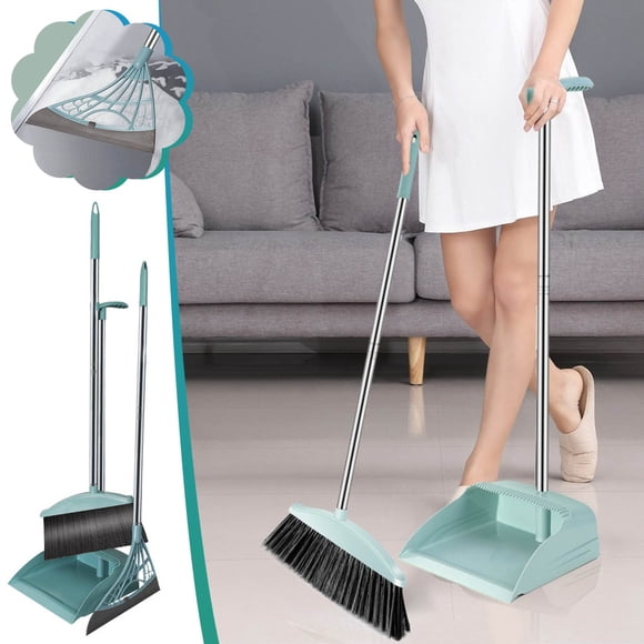 EQWLJWE Long Handle Broom and Dustpan Set with Squeegee Broom,Upright Standing Lobby Broom and Dust Pan and Rubber Broom,Indoor Broom with Dustpan Set for Home Kitchen Room Office Floor