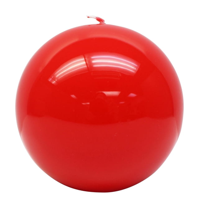 Unscented High Gloss Red Ball Candle with a smooth, shiny surface and centered cotton wick, measuring 4 inches diameter and height, ideal as a decorative tabletop accent providing warm light during use.