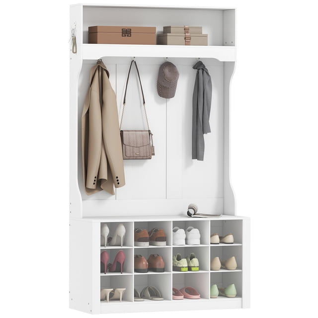 HOMCOM Hall Tree with Bench and Shoe Storage Cubbies for Entryway in white. Features 12 shoe cubbies, six double hooks for coats and bags, an upper shelf for display, and a sturdy bench for seating. Made of particleboard and MDF, it supports up to 265 lbs on the seat. Dimensions are 39.4 inches wide, 13.8 inches deep, and 67.8 inches high. Includes an anti-tip kit for added stability.